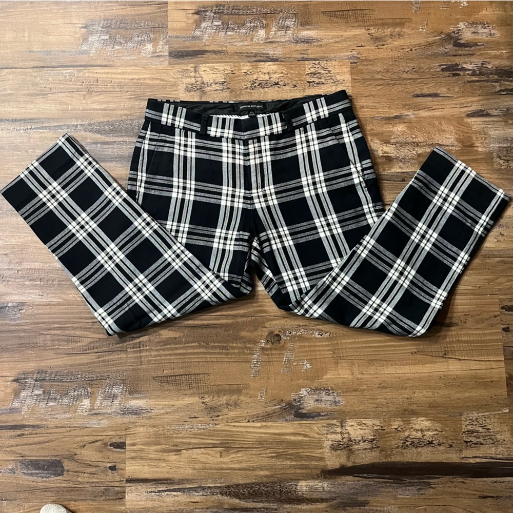 Banana Republic Black White Tan Plaid Women's Capri Cropped Ankle Pants Trousers - Picture 2 of 14